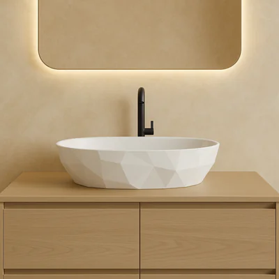 Lavoar pe blat din compozit alb lucios 56 cm, oval, 3D, Foglia Armonia Slim