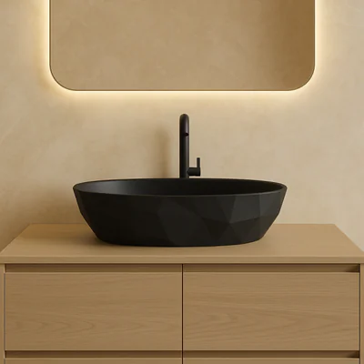 Lavoar pe blat din compozit negru mat 56 cm, oval, 3D, Foglia Armonia Slim