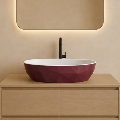 Lavoar pe blat compozit burgundy, oval, forme 3D, Foglia Armonia Slim