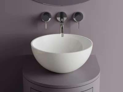 Lavoar rotund, 38x17.5 cm, pe blat, din compozit, alb lucios, Foglia Rico