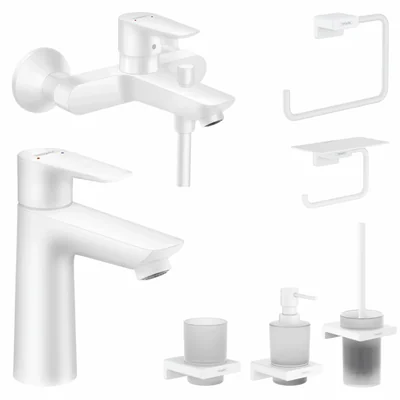 Set baterie cada si baterie lavoar Hansgrohe Talis cu accesorii baie Hansgrohe AddStoris, alb mat