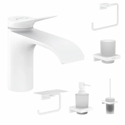 Set baterie lavoar Hansgrohe Vivenis si accesorii baie Hansgrohe AddStoris, alb