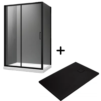 Set cabina dus neagra cu usa culisanta 120x90 cm plus cadita dus compozit Deante, Correo