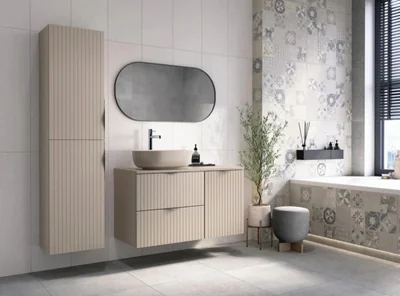 Set mobilier baie complet cu riflaje Cersanit Tirso cu lavoar, dulap suspendat si oglinda