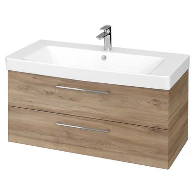 Set dulap baie suspendat Lara 2 sertare cu lavoar Cersanit Mille, 100 cm, nuc - Resigilat