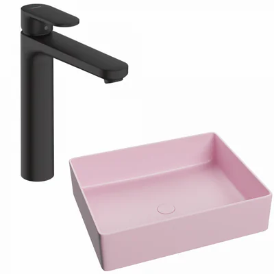 set lavoar baie dreptunghiular pe blat roz mat foglia color plus baterie inalta negru mat hansgrohe vernis blend