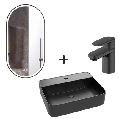 set lavoar baie negru baterie plus oglinda ovala cu iluminare led si dezaburire dali
