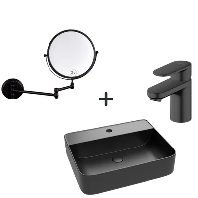 set lavoar baie negru baterie plus oglinda rotunda cosmetica foglia