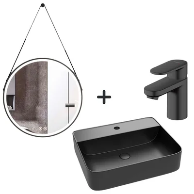 set lavoar baie negru baterie plus oglinda rotunda cu iluminare led mona new