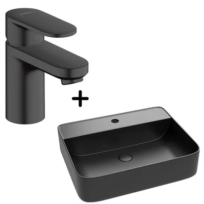 set lavoar baie negru cu ventil inclus plus baterie neagra hansgrohe vernis blend