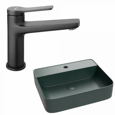 set lavoar baie pe blat verde inchis mat cu orificiu baterie foglia golar plus baterie negru mat ferro stratos