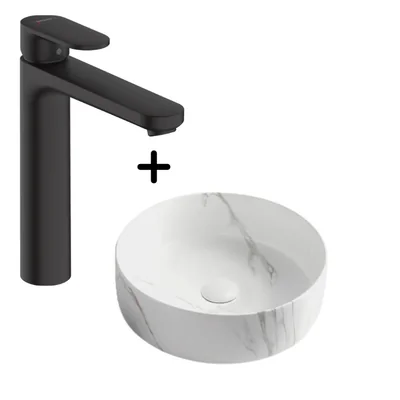 set lavoar baie rotund alb plus baterie neagra hansgrohe vernis blend