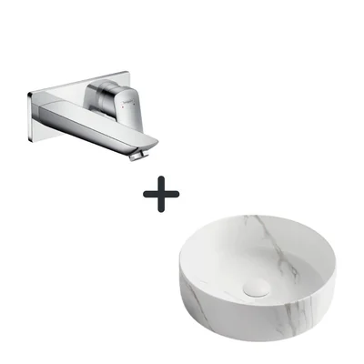 set lavoar baie rotund efect marmura foglia plus baterie incastrata crom hansgrohe logis