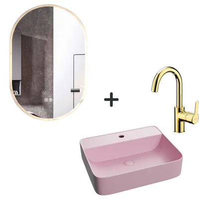 set lavoar baie roz baterie aurie plus oglinda ovala cu iluminare led si dezaburire dali