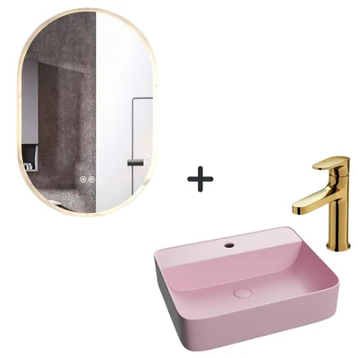 set lavoar baie roz baterie plus oglinda ovala cu iluminare led si dezaburire dali