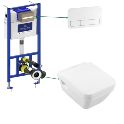 set vas wc rimless dreptunghiular cu capac soft close villeroyboch architectura rezervor incastrat si clapeta alba