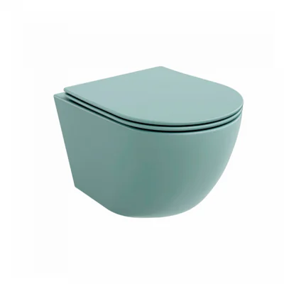 Set vas wc suspendat, verde turcoaz, mat, rimles , capac softclose, Rotund, Foglia Oslo
