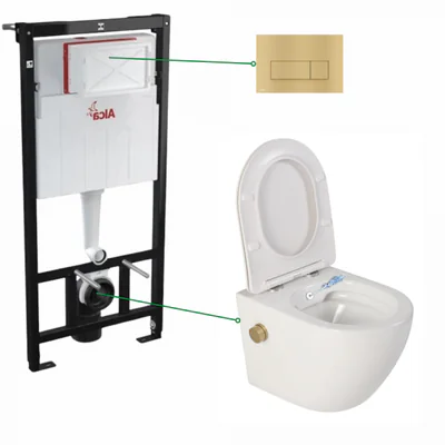 set vas wc suspendat alb cu functie bideu si baterie auriu mat foglia oslo rezervor incastrat si clapeta auriu mat alcadrain