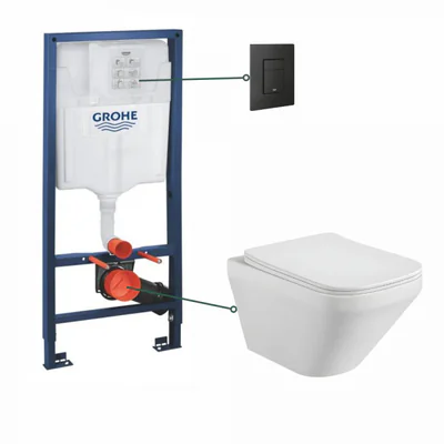 Set vas wc suspendat Bristol Foglia, clapeta negru mat Even, rezervor wc incastrat Grohe Solido
