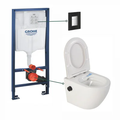 set vas wc suspendat cu functie bideu alb si baterie inclusa negru mat foglia oslo rezervor wc si clapeta neagra din sticla grohe
