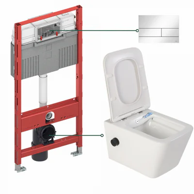 Set vas wc suspendat cu functie bideu, baterie negru mat si capac softclose incluse, Foglia Safari, rezervor incastrat TECEprofil si clapeta actionare alb lucios, TECE Square