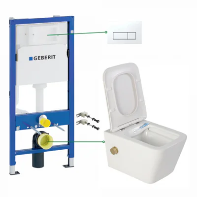 set vas wc suspendat cu functie bideu si baterie auriu mat foglia safari rezervor wc incastrat si clapeta alb alpin geberit delta 51