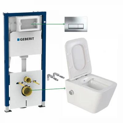 set vas wc suspendat cu functie bideu si baterie crom foglia safari rezervor wc incastrat si clapeta crom lucios geberit delta 51