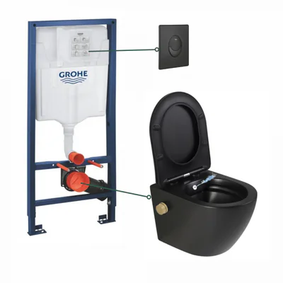 set vas wc suspendat cu functie bideu si baterie inclusa auriu mat foglia oslo rezervor wc incastrat si clapeta negru mat grohe