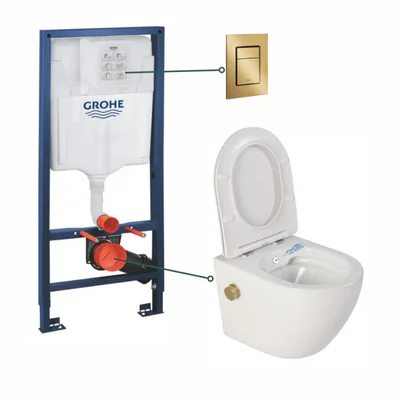 set vas wc suspendat cu functie bideu alb si baterie inclusa auriu mat foglia oslo rezervor wc incastrat si clapeta auriu periat grohe