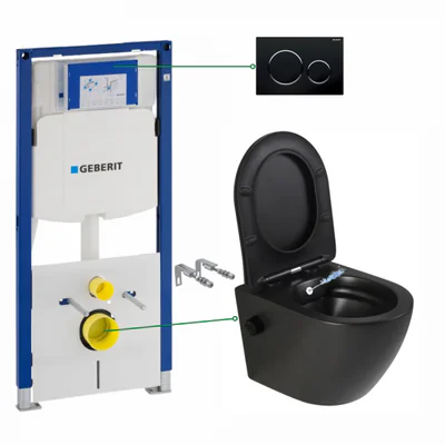 set vas wc suspendat cu functie bideu si baterie inclusa foglia oslo rezervor wc incastrat si clapeta negru lucios geberit sigma