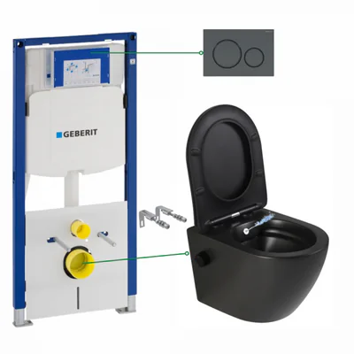 set vas wc suspendat cu functie bideu si baterie inclusa foglia oslo rezervor wc incastrat si clapeta negru mat geberit sigma