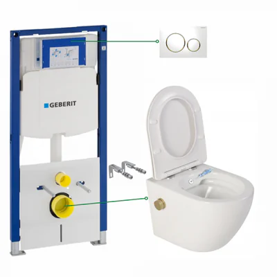 set vas wc suspendat cu functie bideu si baterie auriu mat inclusa foglia oslo rezervor wc incastrat si clapeta alb lucios geberit sigma