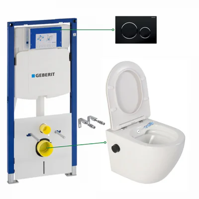 set vas wc suspendat cu functie bideu si baterie negru mat inclusa foglia oslo rezervor wc incastrat si clapeta negru lucios geberit sigma