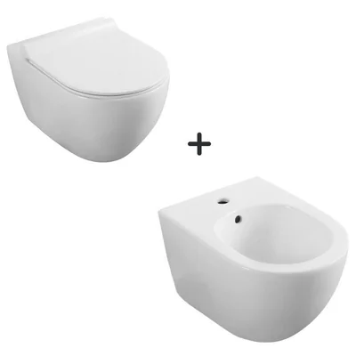 set vas wc suspendat rimless cu capac soft close si bideu minerva