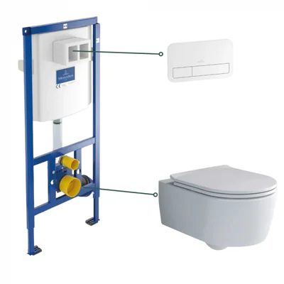 set vas wc suspendat rimless cu capac soft close rezervor incastrat si clapeta alba villeroy boch