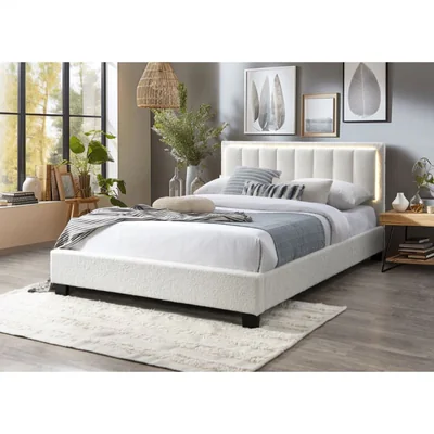 pat tapitat comfort 1 cu led 160x200 cadru din lemn cu somiera fixa culoare crem