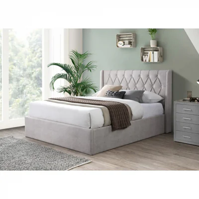 pat tapitat prestige 1 cu somiera metalica rabatabila si spatiu de depozitare crem 160x200 cm