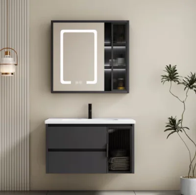 Set complet mobilier baie suspendat Aveline cu lavoar si dulap cu oglinda LED – gri