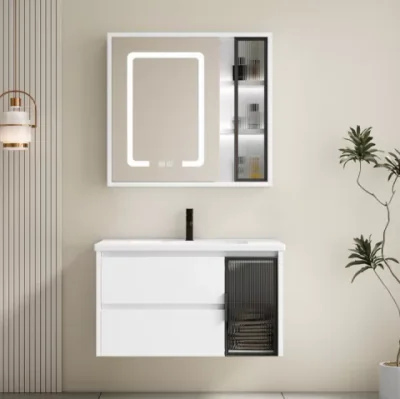 Set complet mobilier baie suspendat Aveline cu lavoar si dulap cu oglinda LED – alb