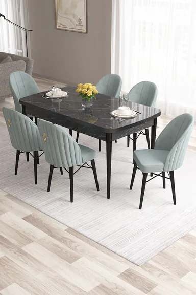 Set masa extensibila si scaune, Hanah Home, Roz, Marmura neagra / Verde marin