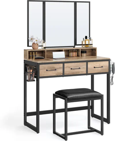 masa de toaleta cu taburet masuta dressing vasagle industrial 90x40x141 cm pal otel piele ecologica natural