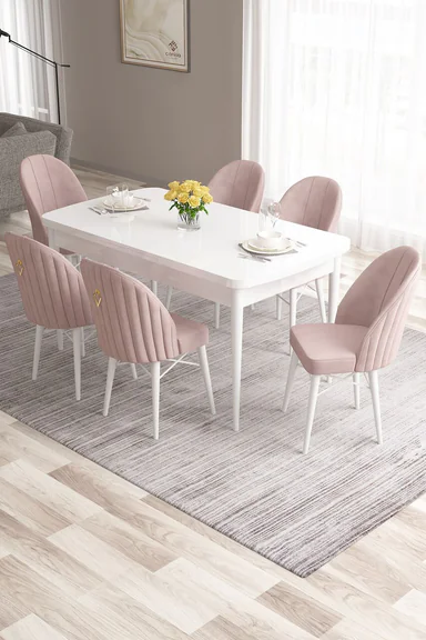 Set masa extensibila si scaune, Hanah Home, Roz, Alb/Roz