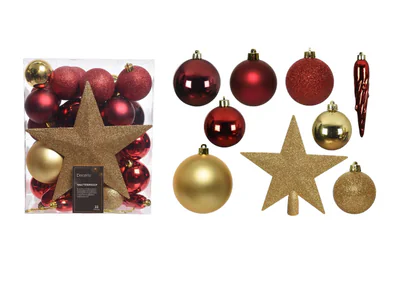 cutie cu 33 globuri asortate si varf de brad star decoris plastic rosu auriu