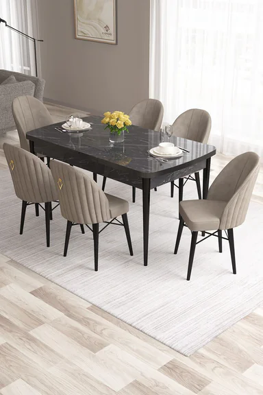 Set masa extensibila si scaune, Hanah Home, Roz, Marmura neagra / Cappuccino