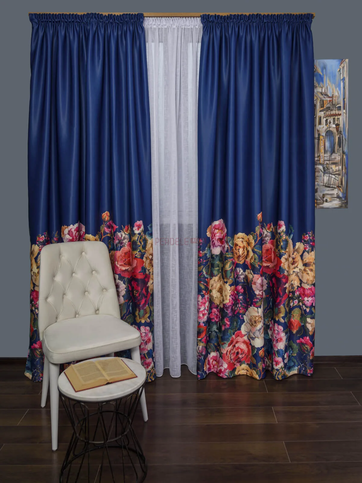 draperie-satin-albastruflori-multicolore-pa2047PA-20488008 Draperie satin albastru,flori multicolore