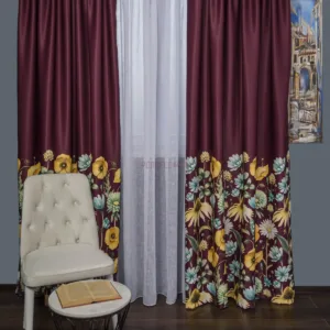 Draperie satin grena,flori multicolore