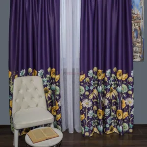 Draperie satin mov,flori multicolore