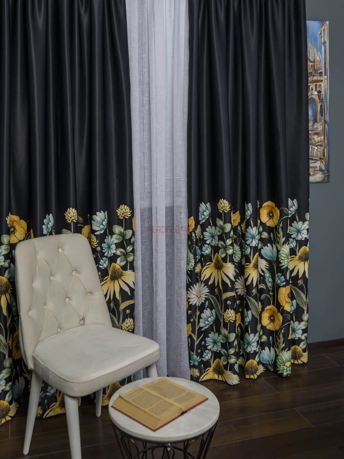 draperie-satin-negruflori-multicolore-pa2048PA-20498013 Draperie satin negru,flori multicolore - imagine 2