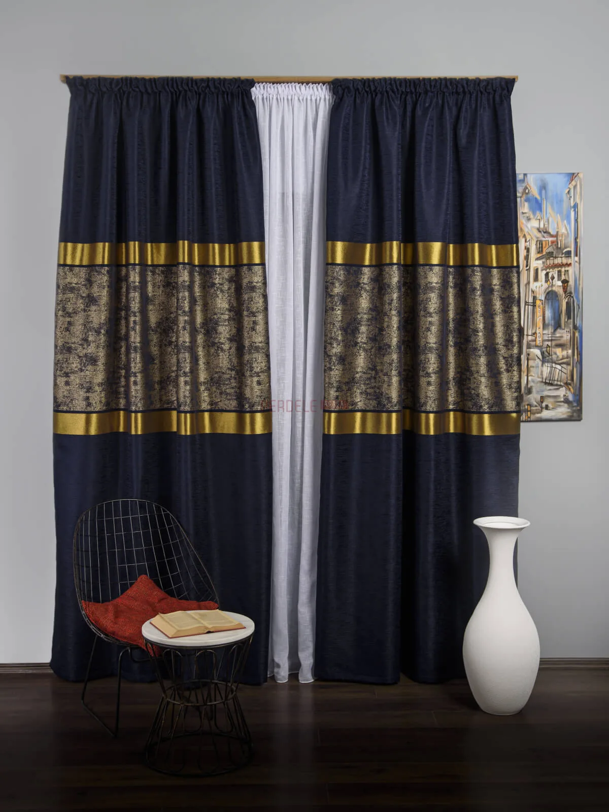 draperie-tip-panou-albastru-auriuPA-18877364 Draperie tip panou albastru auriu