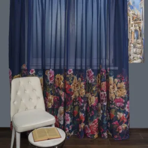 Perdea tip in albastru,flori multicolore